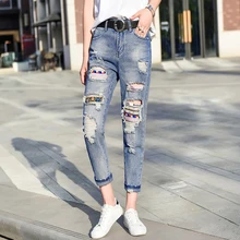 Настоящие джинсы с дырками Женская Весенняя новая Корейская версия студентов была тонкой и свободной BF девять брюки женские летние 9585