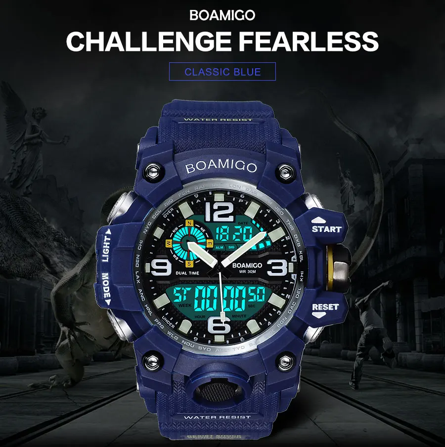 BOAMIGO Brand Men Sports Watches Military LED Digital Analog Wrist Watch man shock Swim Waterproof Blue Clock Relogios Masculino