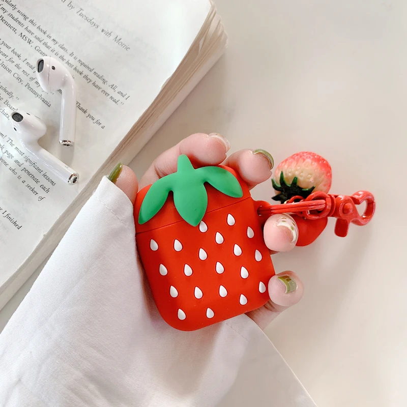 Kawaii الفراولة نمط الهاتف المحمول سلسلة ، ل airpods سماعة لينة حقيبة العالمي التمهيد الهاتف عقف حزام ، الأحمر المعصم الفرقة