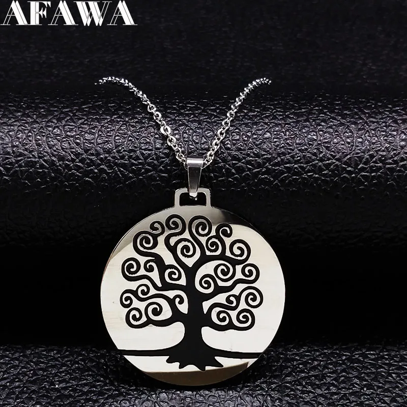 

2019 Tree of Life Stainless Steel Statement Necklace for Women Round Black Silver Color Necklace Jewellery bisuteria N18052