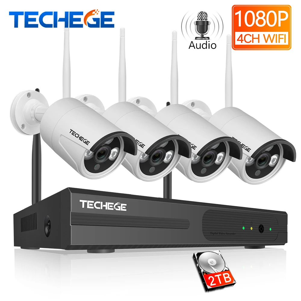  Techege 1080P Wireless CCTV Camera System Audio Record 4CH NVR Home WiFi Security Camera Kits Outdo