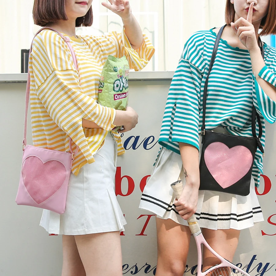 Cute Transparent Heart Women Messenger Bag Kawaii Teenage Girls Single Shoulder Bags High Quality PU Leather Ita Bag Women Bolsa