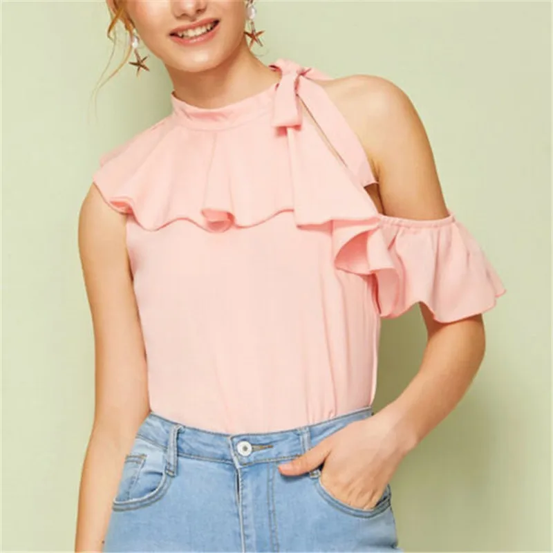 

Women Blouses 2019 Fashion Short Sleeve Office Shirt Chiffon Blouse Pink Bare Shoulder Shirt Casual Plus Size Blusas Femininas