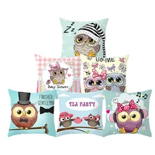 45*45 CM Cartoon Cushion Cover Print Owl Family Pillow Case Polyester Cotton Pillowcase for Decoration Home Pillows