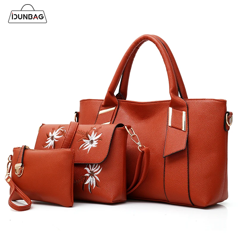 

3Pcs Women Bags Set Litchi PU Leather Handbags+Small Embroidery Bag Flowers Shoulder Crossbody Bags+Clutch Purses Bolsas Female