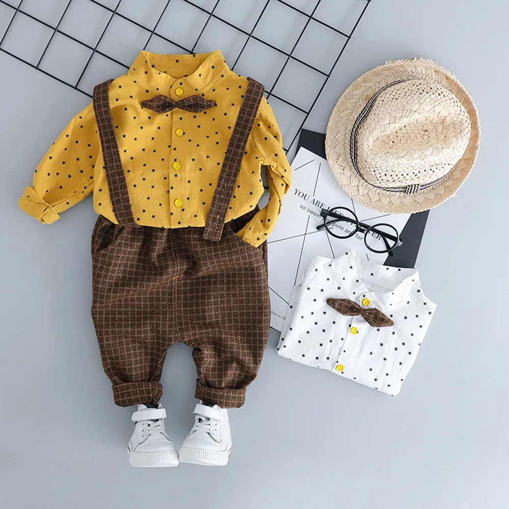 

Baby Clothing Infant Kids Girl Boy Star Print T-shirt+Solid Plaid Overall Pants Outfits Long Sleeve Spring Autumn Costume T#