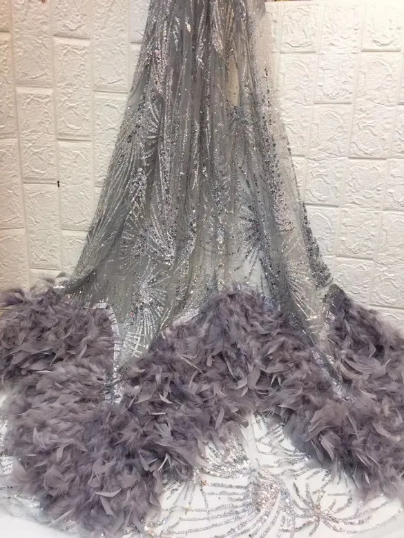 

Fashionable and elegant gray feather embroidered sequins French lace fabrics, high quality Nigerian French lace fabrics FFZ6-24
