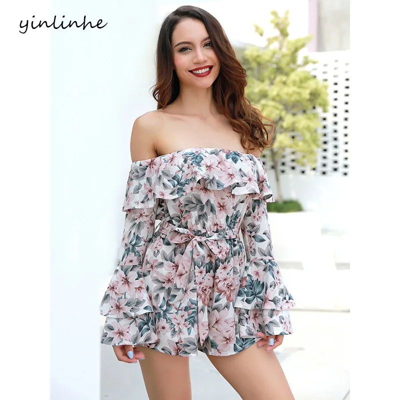 biu-biu jumpsuits-apparel Women Summer Bow Knot Off Shoulder Playsuit Beach Party Sweet Overalls,Pink Stripe,S