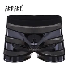 IEFiEL, мужское нижнее белье, Wetlook, искусственная кожа, сетка, пэчворк, в полоску, низкая посадка, боксеры, шорты, нижнее белье, горячие трусы для мужчин