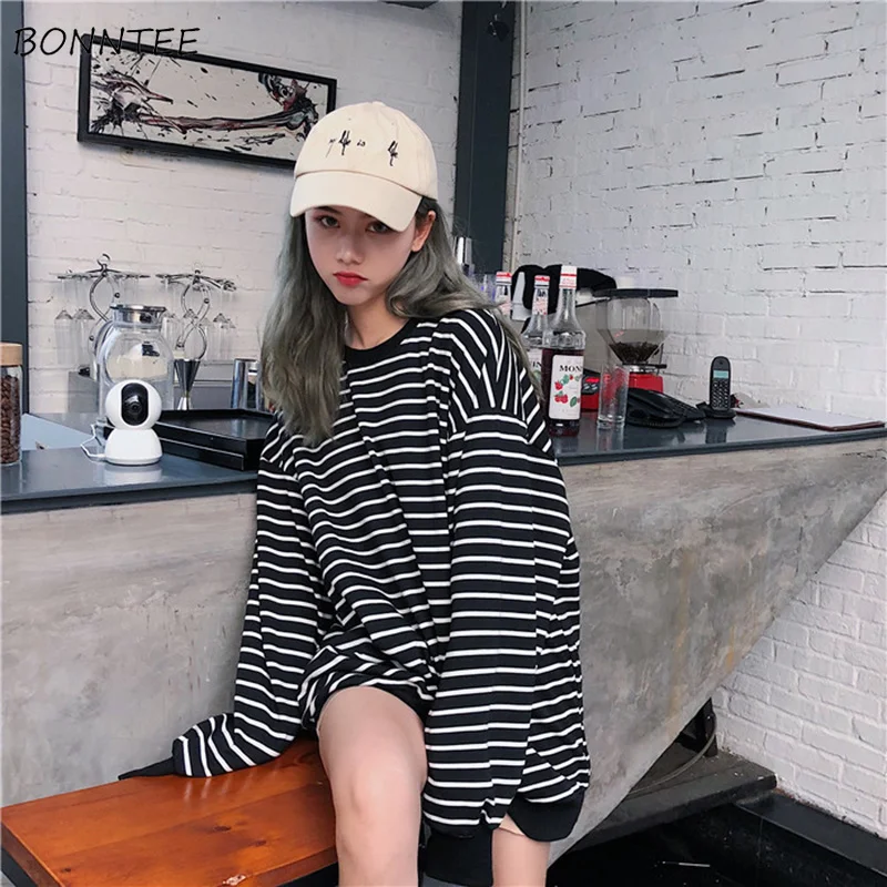 Hoodies Women O-Neck Retro Chic Striped Loose Korean Style Sweatshirt Simple Soft Long Sleeve Pullo