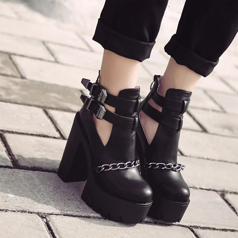 Calzado De Punk Botas Para Con Cremallera Moda Tobillo Alto Black Alto Zapatos Cadena Metal Sexy Tacón Mujer qHS16S