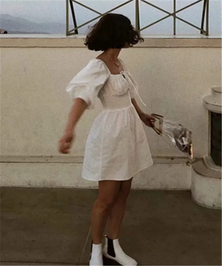 

2019 Summer Women Vintage Square Neck Short Dress Puff Short Sleeve White Party Dress Draped Lace Up Frill Trim Mini Dress