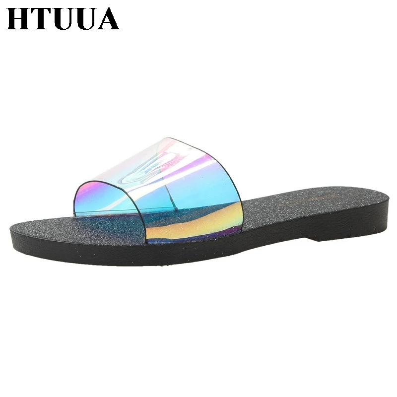 

HTUUA 2019 New Clear PVC Slippers Women Flat Slides Summer Beach Flip Flops Ladies Shoes Women Outside Slip On Sandals SX2534