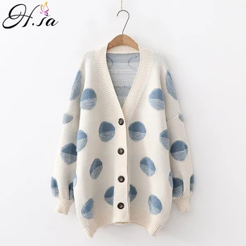 

H.SA Women Long Sweater and Cardigans Knit Jackets Oversized Sweaters Ponchoes Button Dots Loose Female Cardigans 2019 Winter
