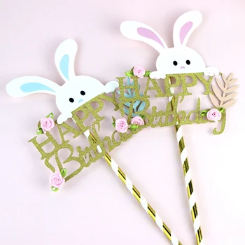 

1 Pcs Happy Birthday Rabbit flower Cake Topper For Wedding Birthday Party Cake Baking Party Supplies