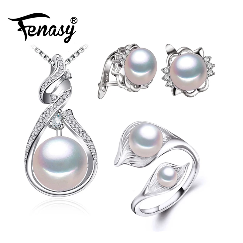 

FENASY Pearl Jewelry wedding engagement jewelry sets Natural Pearl pendant Necklace women big earrings party earrings female