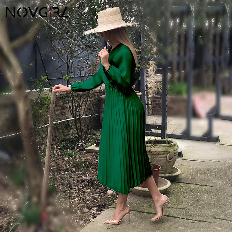 Женское атласное плиссированное платье Novgirl Элегантное повседневное зеленое с