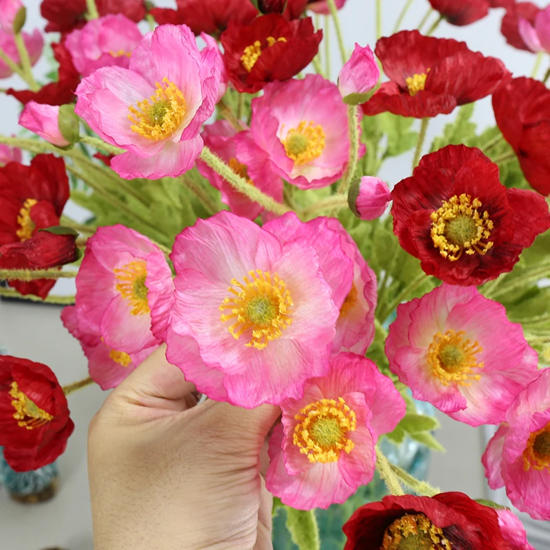 

4 Heads High quality Realistic artificial flowers poppy poppies Silk flowers for wedding decoration Rustic home garden decor