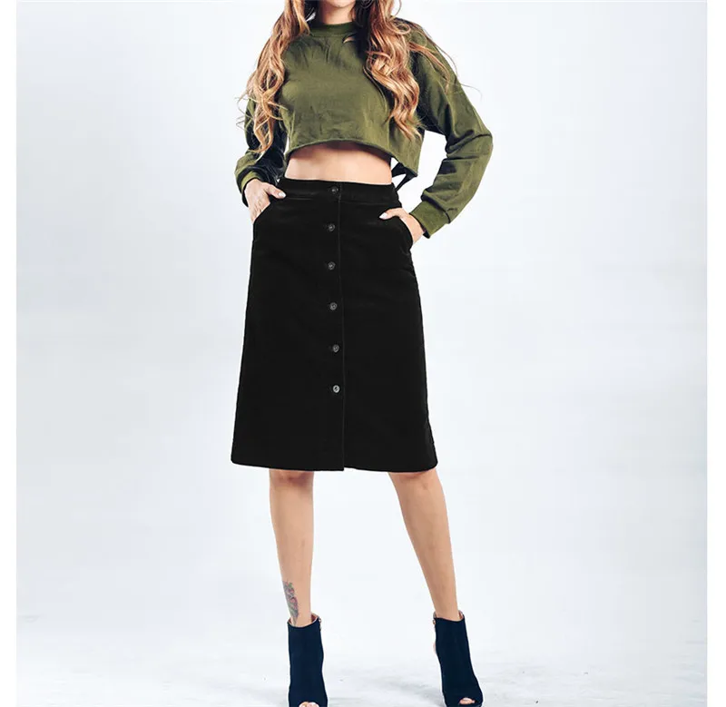 Autumn a-line skirt corduroy skirt in the long high waist slit skirt multi button pocket skirt (8)