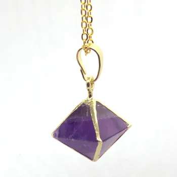 

Kraft-beads Personalized Light Yellow Gold Color Square Pyramid Pendant Natural Purple Amethysts Necklace
