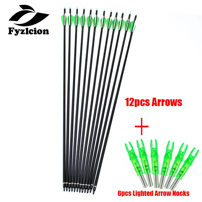 

12pcs Hunting Compound & Recurve Bow Archery 30 inch Spine 400 Carbon Arrow Bolts+ 6pcs Crossbow LED Glowing Arrow Nocks