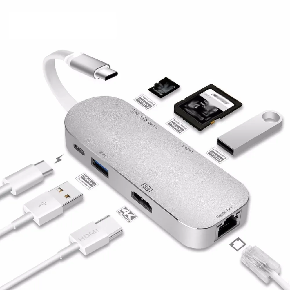 

YSTC0206 Type-c to HDMI 4K+RJ45 Gigabit LAN +3.0HUB+ Secure Digital/T-Flash Card Reader+ Charging Hub 7 Port