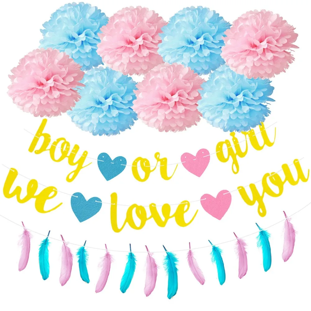 

Boy or girl we love you feather pull flag banner gender reveal party decorations