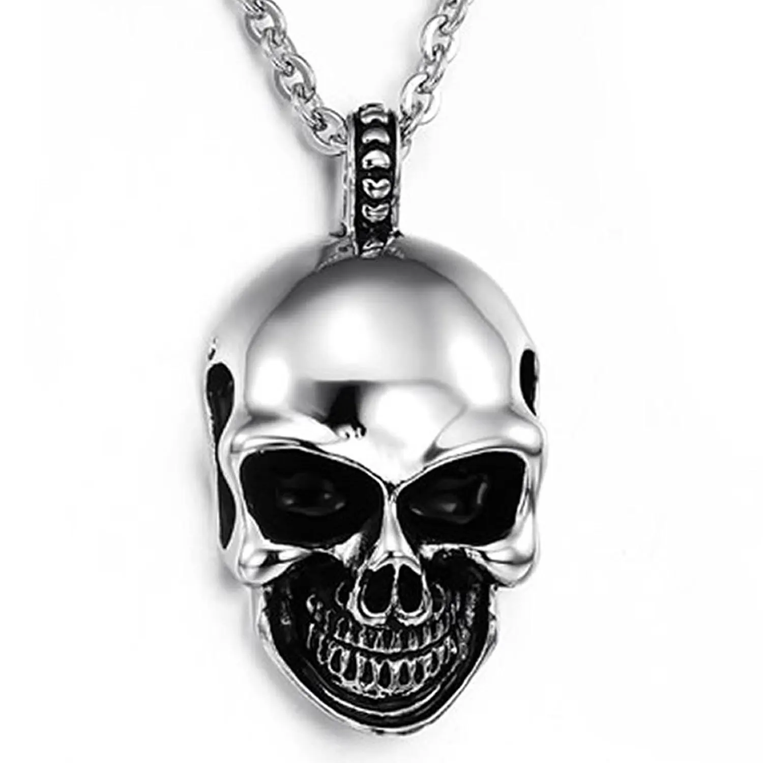 

Mens Gothic Skull Stainless Steel Pendant Necklace, Silver Black, 24 inch Chain