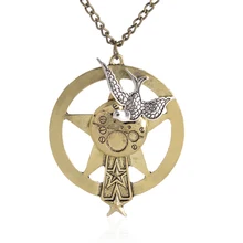 Silver Peace Doves On Big Gear Chain Pendant Steampunk Necklace Jewelry