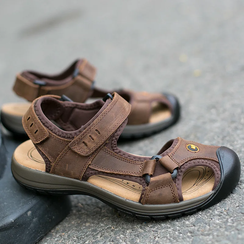 Высочайшее Качество Мужчины Сандалии Полное Зерно Кожа Мужчины Летняя Обувь Повседневная Открытый Обувь Zapatillas Дышащий Пляжные Сандалии