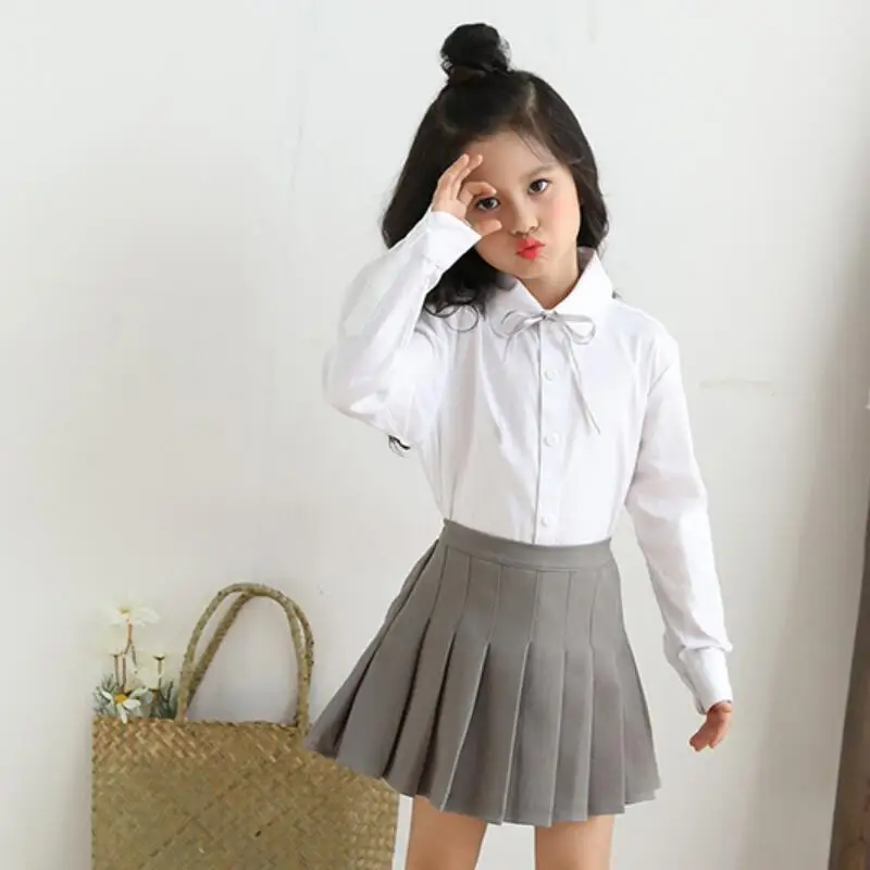 Школьная блузка для маленьких девочек-подростков белые детские топы с длинными рукавами и отложным воротником на весну-осень, рубашки для девочек, детская одежда