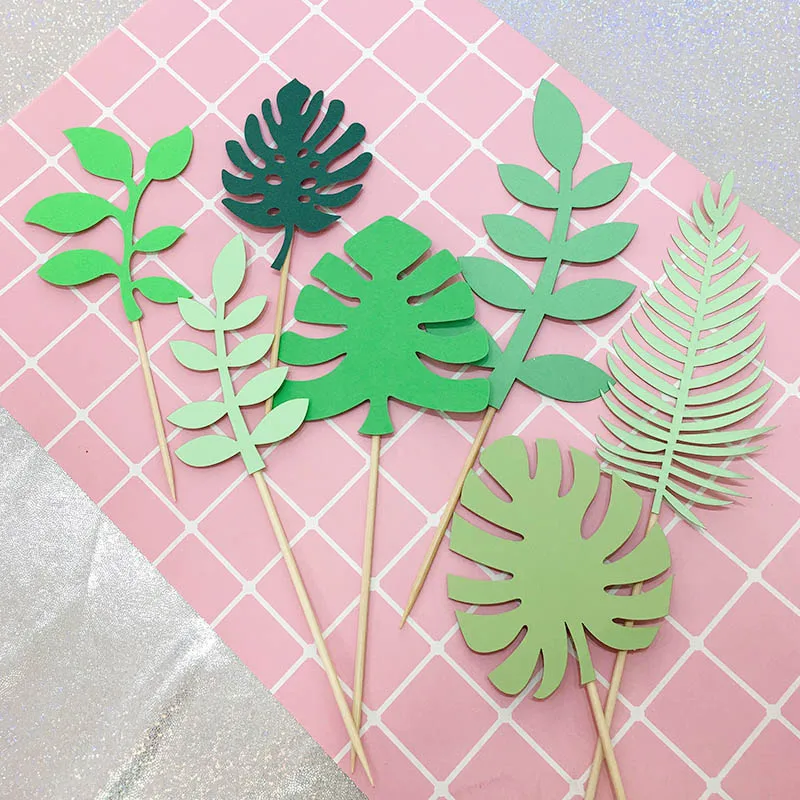 

Cute Gifts Cake Insert Card Cake Topper Flags Paper Wedding Birthday Party Supplies Green Leaf Shape 7Pcs Cake Decoration Tools