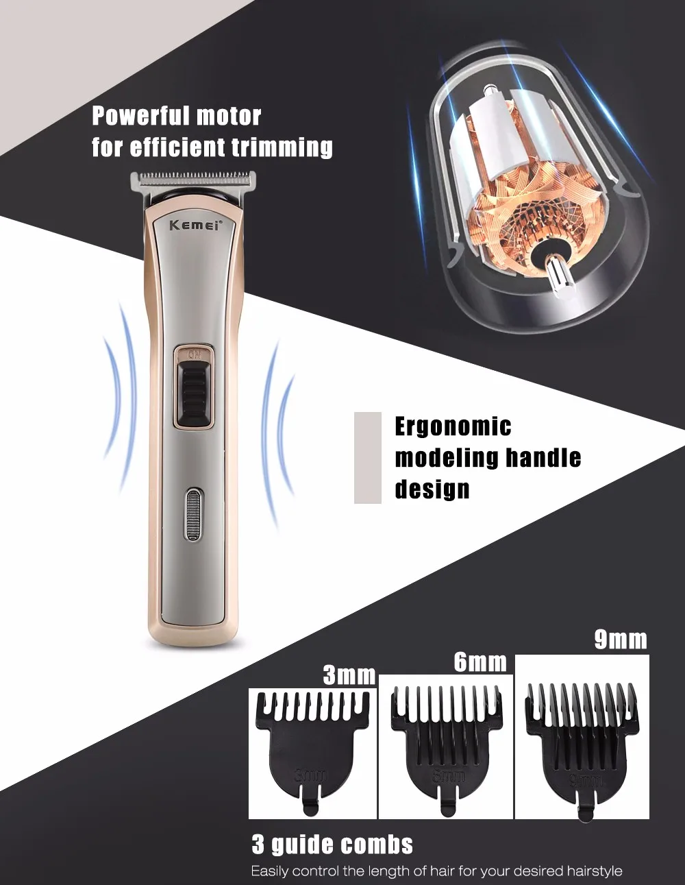 Kemei-418 мощный электрический триммер для стрижки волос мощный двигатель для эффективной обрезки с 3 направляющими расчески 110-240 в ЕС штекер