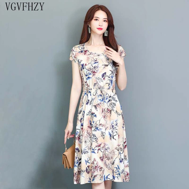 

new 2019 Women Summer dress Middle-aged Plus Size 5XL Loose Mother Elegant Short sleeve dress O-neck Flower Print cotton Dress