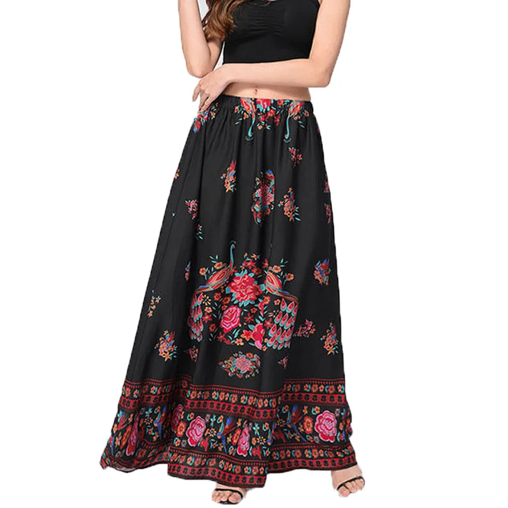 

Women Bohemian Summer Long Skirts High Elastic Waist Boho Style Floral Print Maxi Underskirt Holiday Beach Pleated Skirts Plus