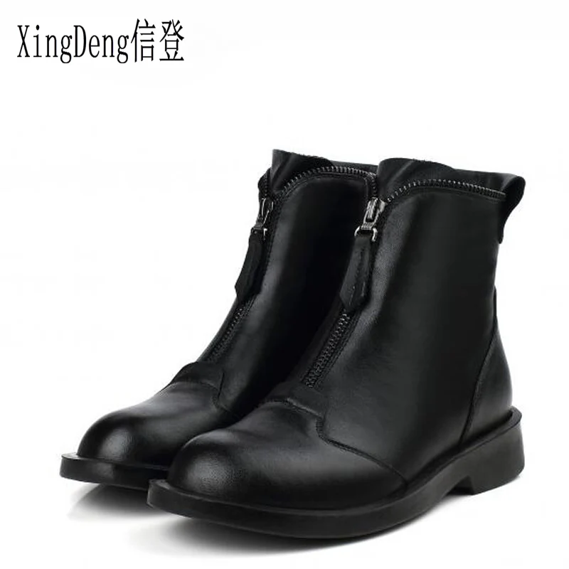 

XingDeng Autumn Winter Shoes Size 34-42 Split Leather Boots women's Ankle Boots Flat Heels Fashion Martin Motorcycle Boots