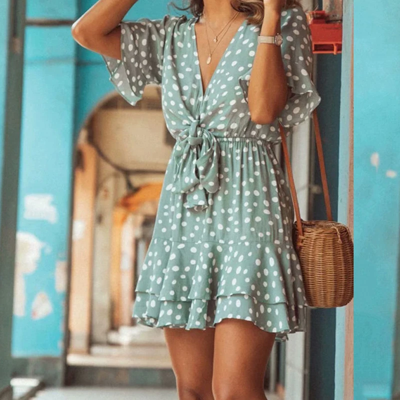 

Women Sexy Vintage Female Deep V Dress Green Summer 2019 Casual Dresses Beach Bohemian Ruffle Flounce Dress Vestidos Plus Size