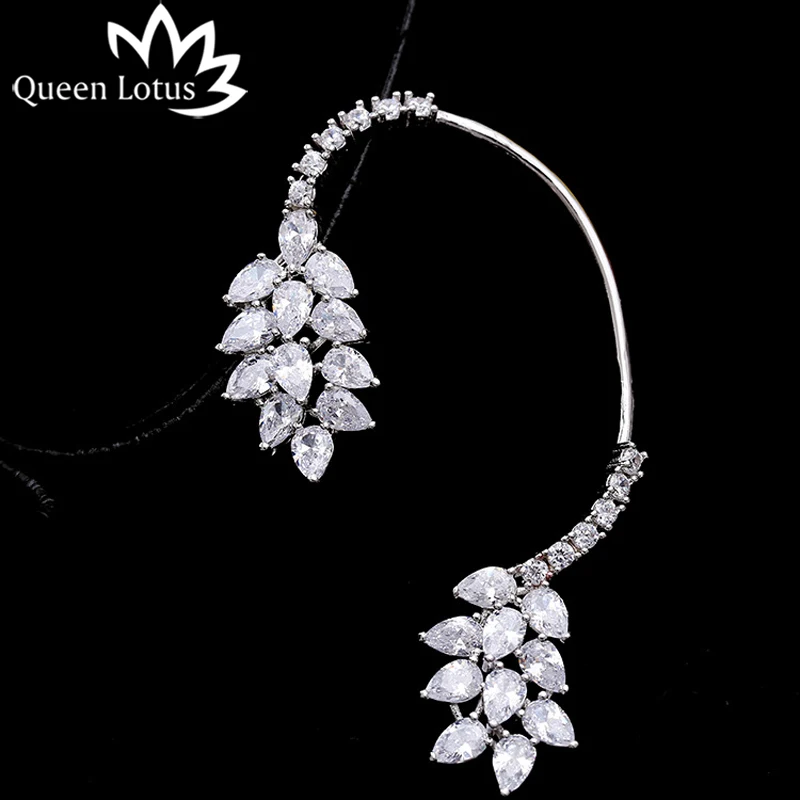 

Queen Lotus Fashion Women Korean Earrings Personality Zircon Leaf Earhook Ear Bone Crystal Clip Earrings Single Rhinestone 1 PC