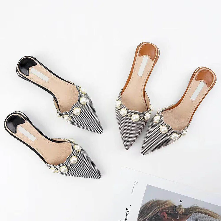 

Hot Pearls Design Women Mules Summer Autumn Shallow Casual Shoes Woman Sexy Pointed Toe Slippers Low Square Heels Outside Shoes