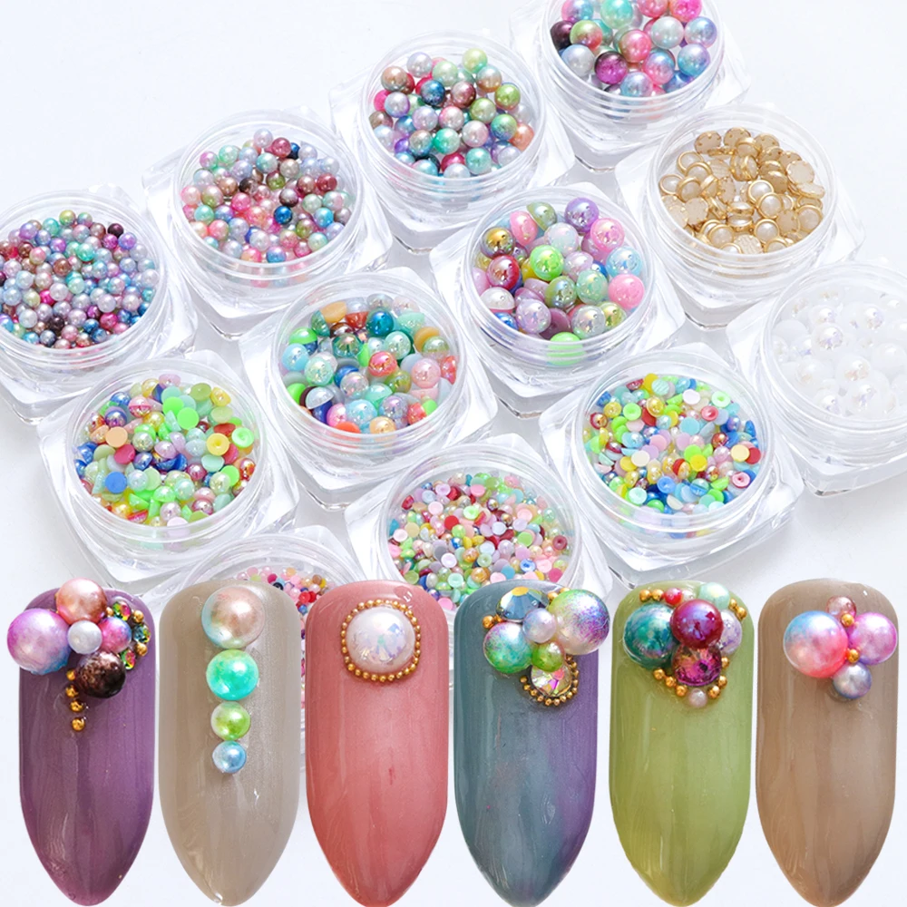 

1 set Colorful 12 Mixed Designs Beads Round Mermaid Pearl Glitter Rhinestone 3D Nail Art Decoration DIY Manicure Tips LAHCP01-12