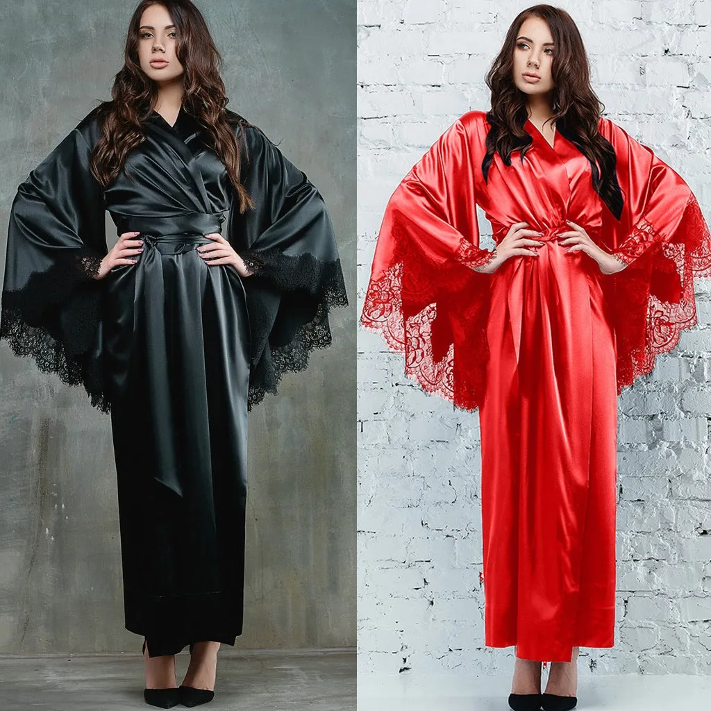 SAGACE Women Lingerie Sexy Lace Satin Kimono Long Robe Bathrobe Lingerie Sleepwear Underwear Belt Pajamas Women Sexy Lingerie