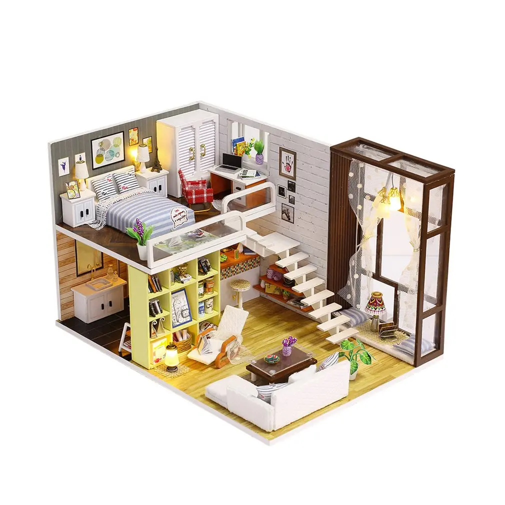 

Simple City Room Doll House Miniature DIY Dollhouse With Furnitures Vintage Style 3D Wooden House Toys Kids Best Birthday Gift