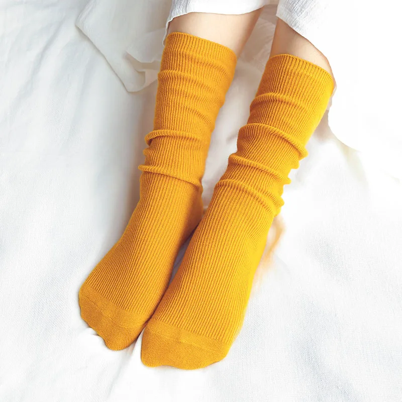 CHAOZHU  Japanese Korea High School Girls High Socks Loose Solid Colors Double Needles Knitting Cotton Long Socks Women