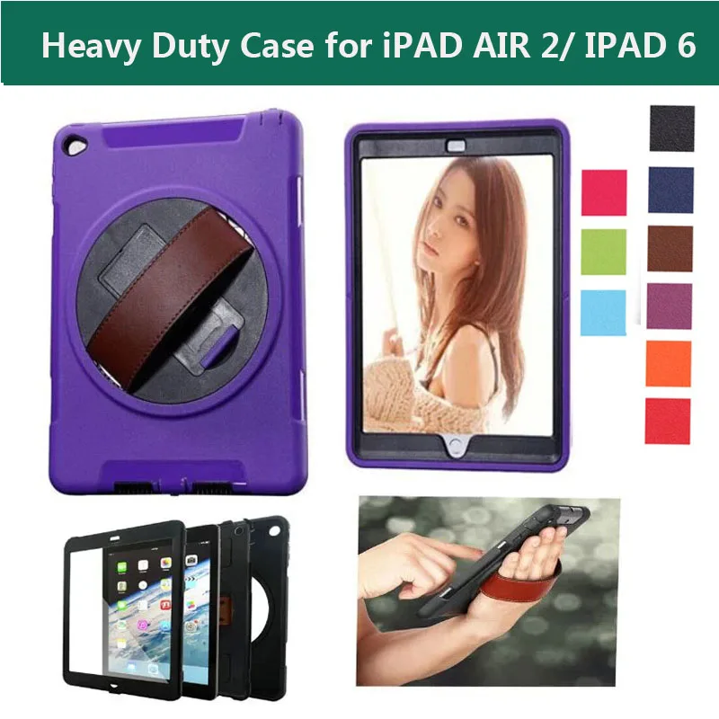 

Heavy Duty PC + TPU Cover for Apple iPad Air 2 9.7" Case Handheld Rotating Armor Hybrid Defender Skin W/ Hand Strap, Kickstand