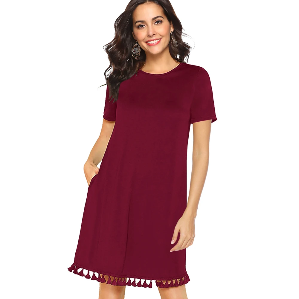 Louyebouho 2019 Women Casual Tassel Short Dresses Summer Fashion Short Sleeve Dress Solid Color Slim Pockets Shirtdress Vestidos