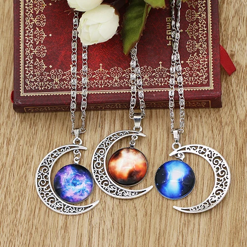 Women Galactic Glass Cabochon Pendant Silver-Tone Crescent Moon Necklace topsale 
