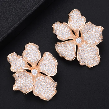 

missvikki Trendy Noble Big Flowers Stud Earrings For Women Bridal Wedding Jewelry Prong Setting CZ Engagement Accessories