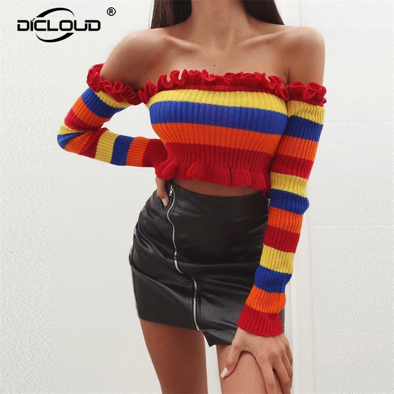 

Sexy Off Shoulder Sweaters Women Spring Autumn Harajuku Rainbow Striped Pullovers Cozy Elastic Women Knitted Cropped Tops