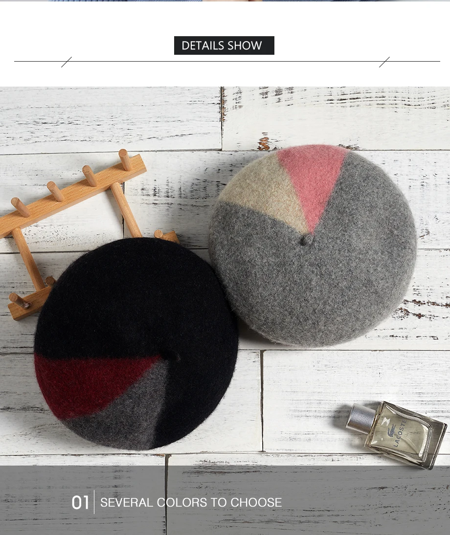 Beret Female 100% Cashmere Hats For Women Winter Flat Cap Wool Knit Hats Lady Three-color Patchwork Berets Painter Hat Beanie (11)