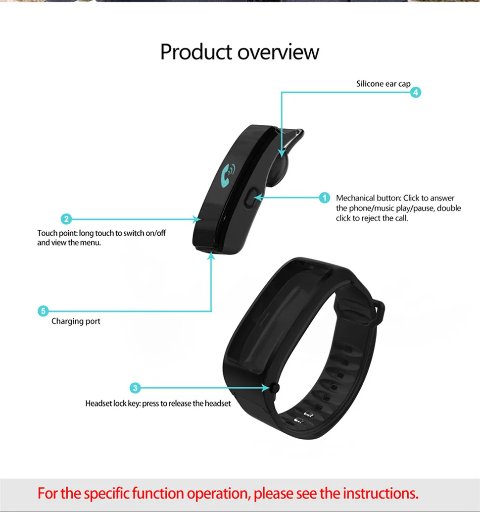 YKSO Pedometer Smart Bracelet with Bluetooth Earphone Fitness bracelet iY3 Plus Talk Band Heart Rate Monitor Smart Bracelet     (20)